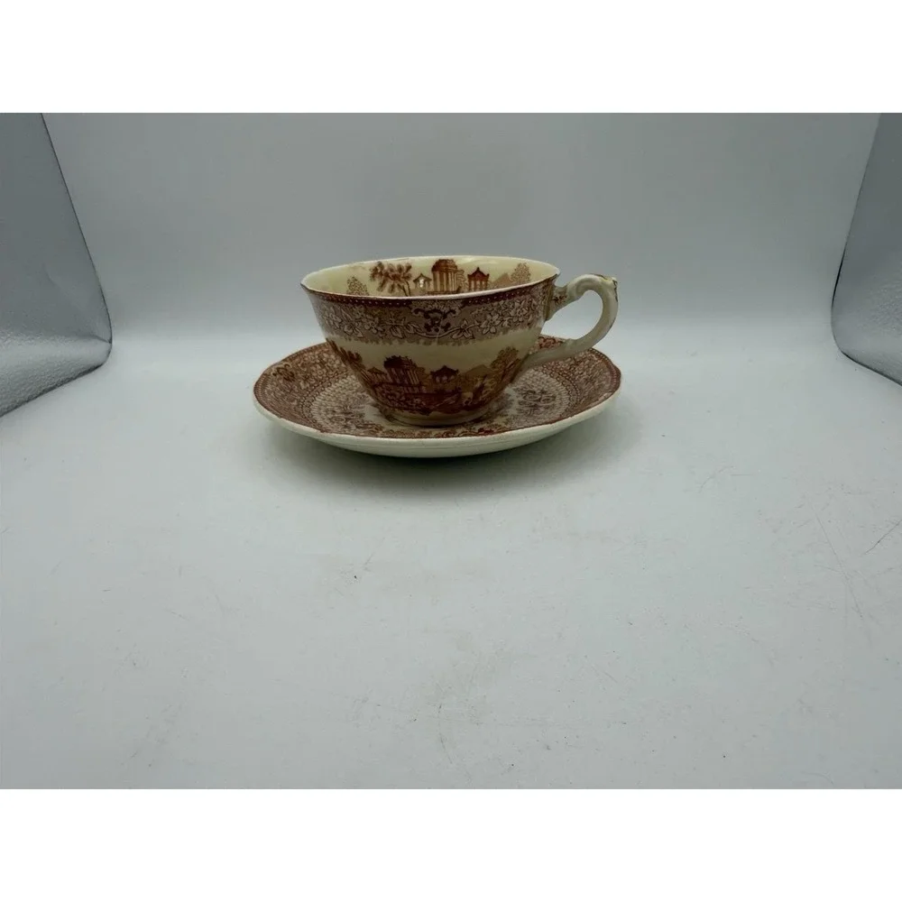 Ridgways Grecian Red Transferware Tea‎ Cup & Saucer England Vintage
